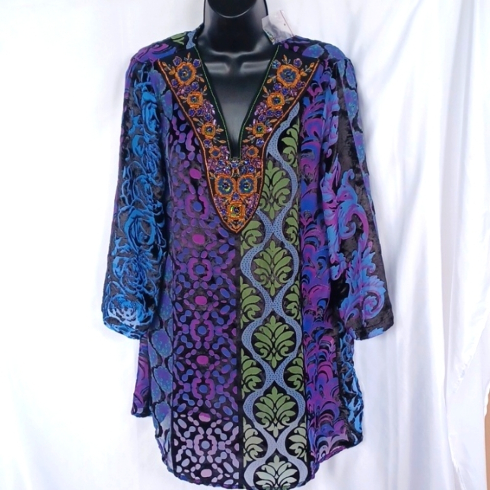 Soft Surroundings NWOT Velvet Beaded Tunic Top MED Semi Sheer, 20" PTP, 32" L